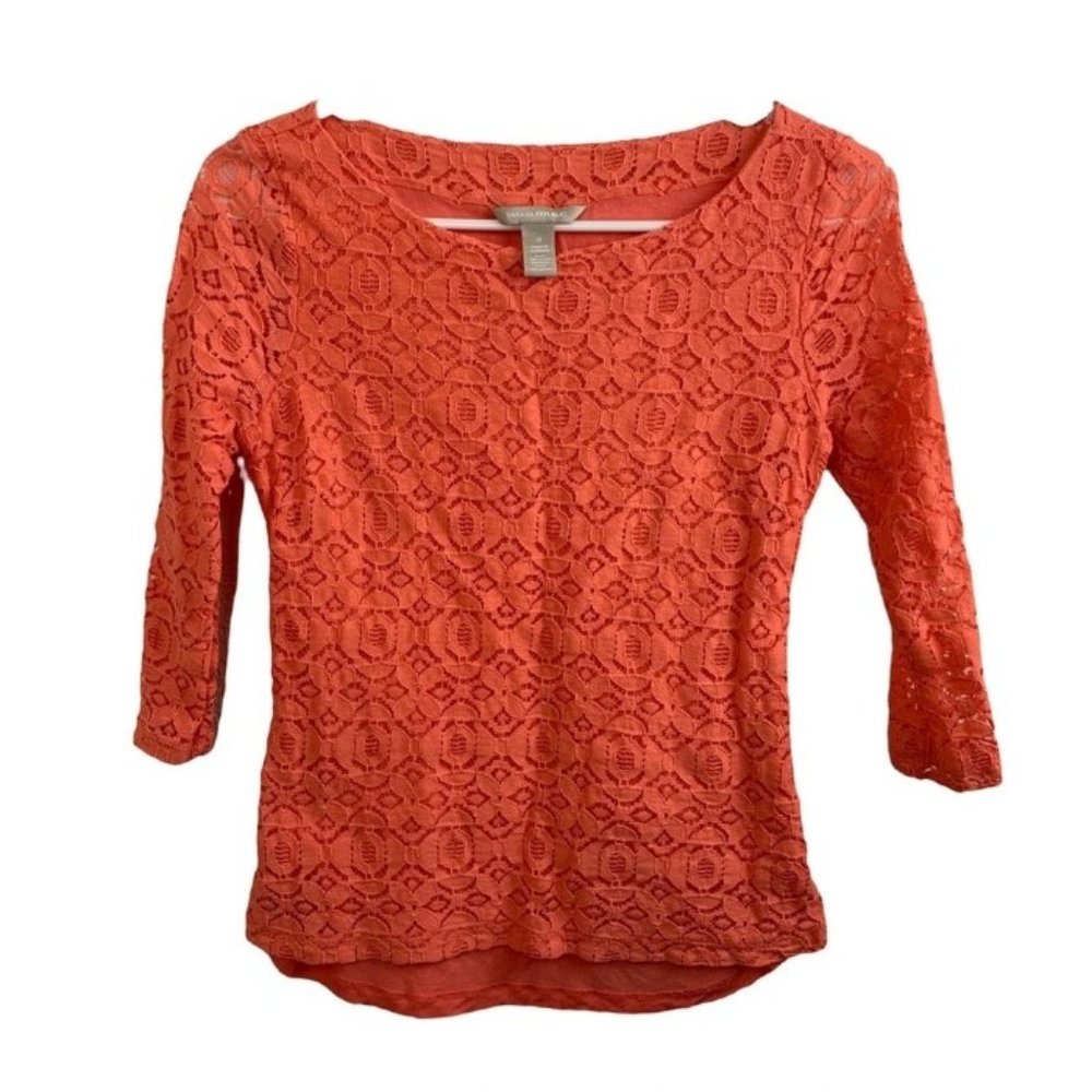 Banana Republic Womens Orange Lace Blouse Wide Neck 3/4 Sleeves Size 0